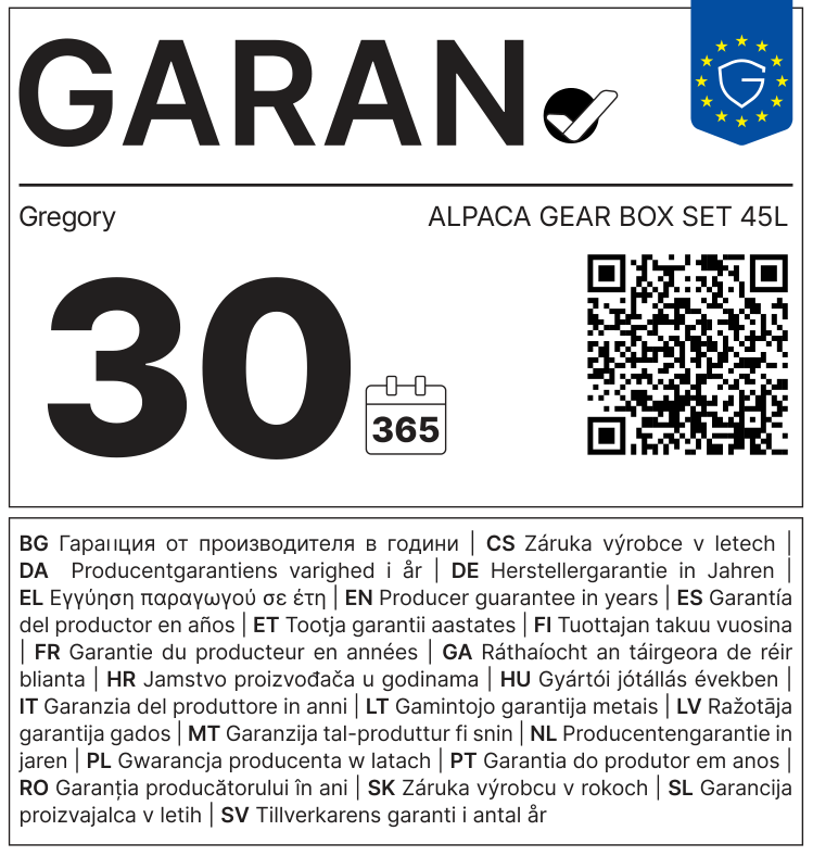 Etiqueta GARAN de la UE: garantía del productor en años: 30 – Gregory