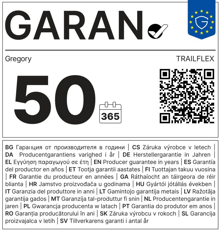 Etiqueta GARAN de la UE: garantía del productor en años: 50 – Gregory