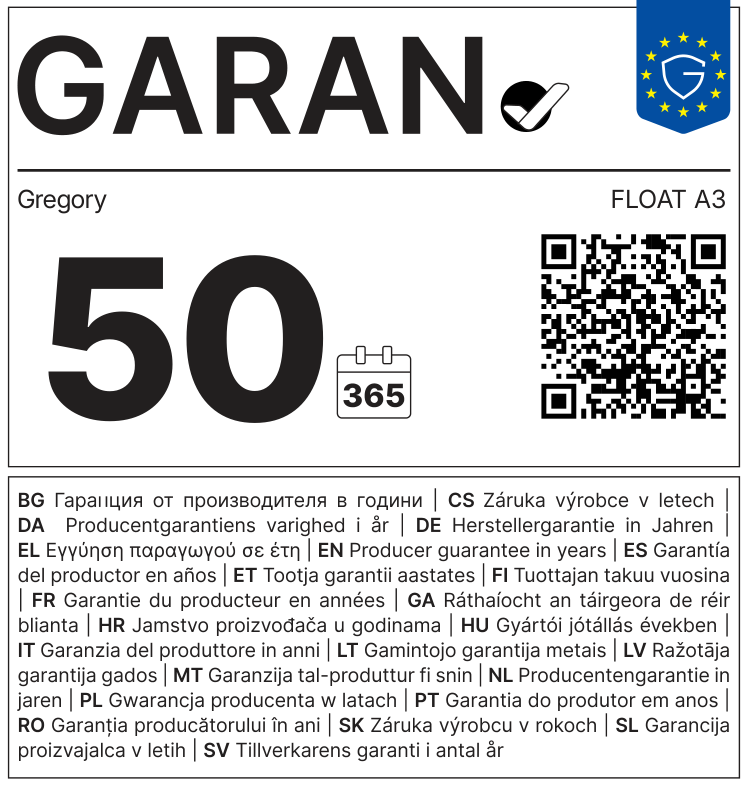 Etiqueta GARAN de la UE: garantía del productor en años: 50 – Gregory